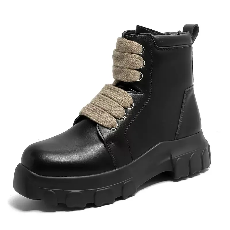 

Men Boots Leather Fleece Short Plush Keep Warm Flats Platform Increasing Ankle Shoes Casual High Street Vintage Sneakers Owen