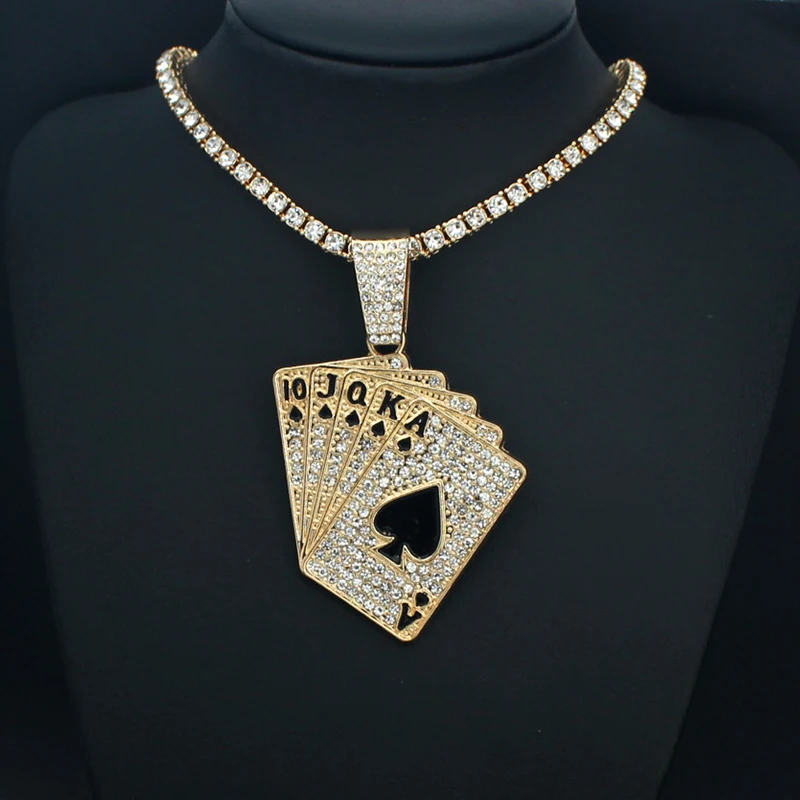 Men Women Hip Hop Playing Card Poker Pendant Necklace Crystal Cuban Chain HipHop Iced Out Bling Necklaces Fashion Charm Jewelry view 5
