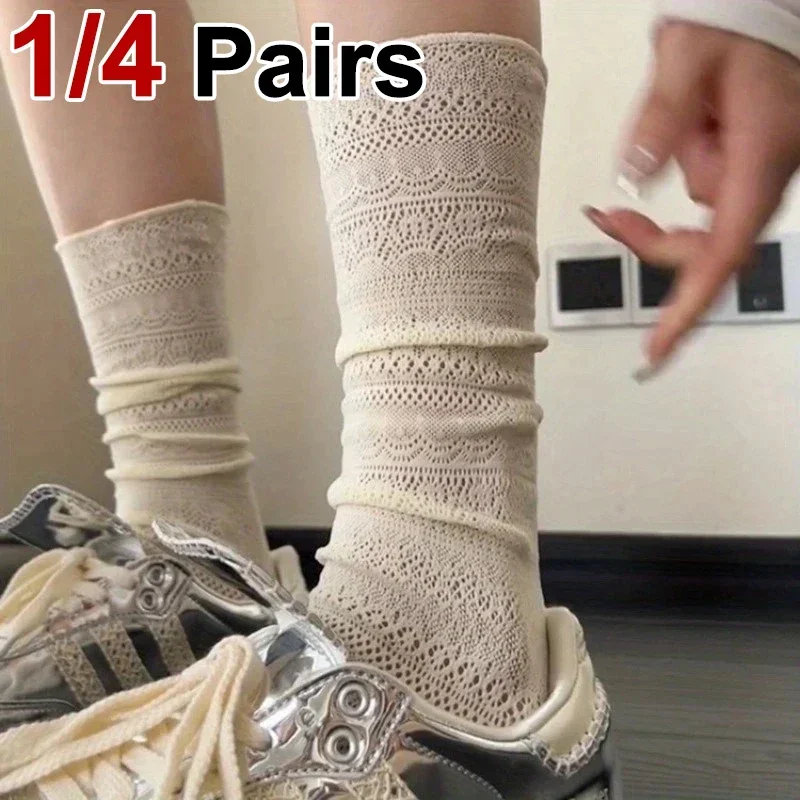 

1/4 Pairs Women Lace Trimmed Knee High Socks Summer Hollow out Design Lightweight Breathable Soft Comfortable Casual Socks