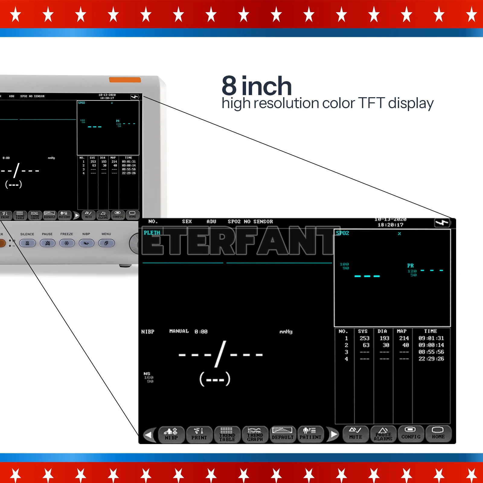 ETERFANT 8 بوصة شاشة TFT ملونة عالية الدقة ICU CCU علامة حيوية للمستشفى NIBP، SPO2، PR، درجة الحرارة #6