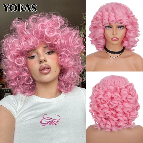 Imagen 1 del producto Pelucas rizadas Afro de pelo corto sintético con flequillo para mujeres negras esponjosas africanas ombré Cosplay pelucas marrones naturales Afro YOKAS