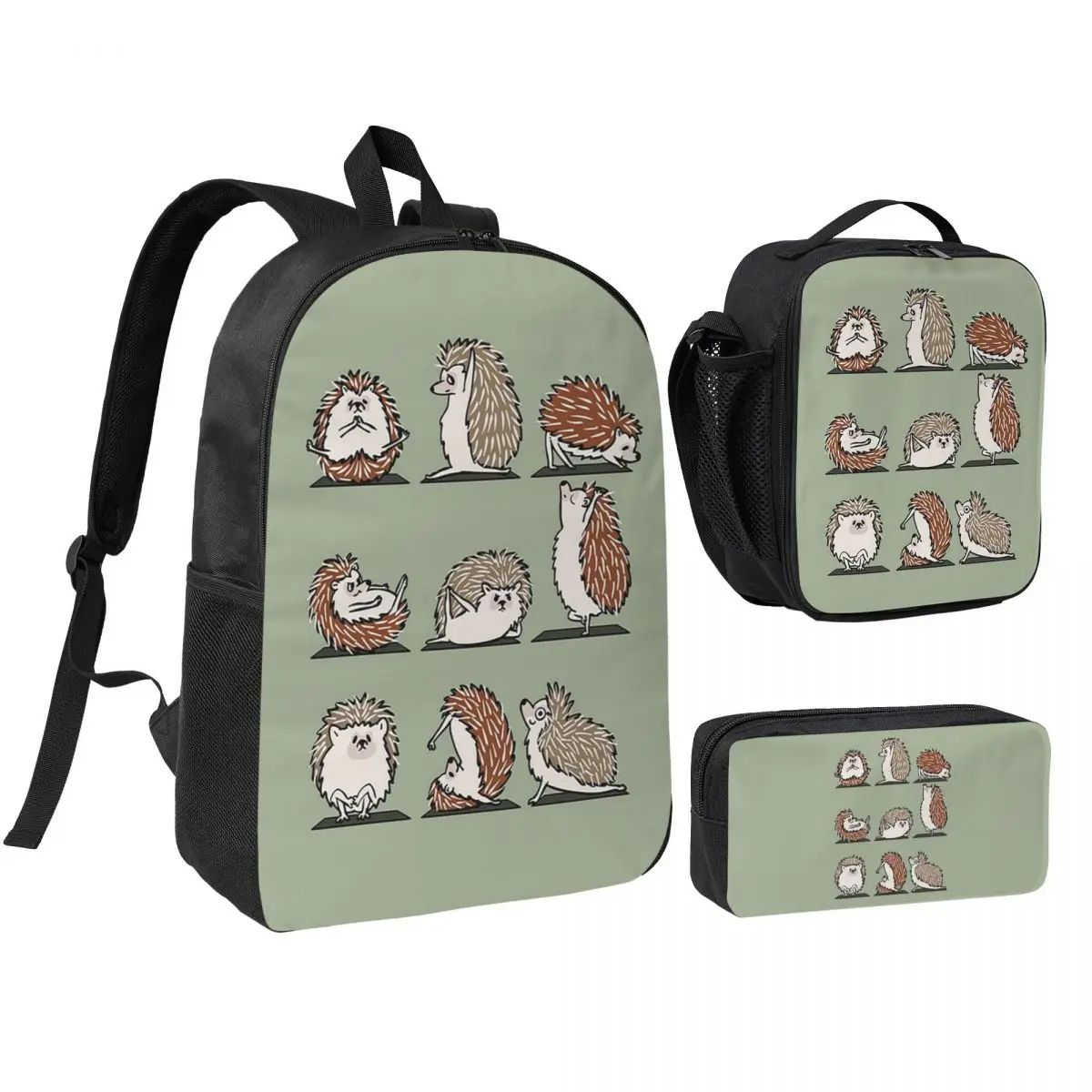 

Hedgehog Yoga Backpack Student BookBag School Bag Shoulder Bags 3ps Insulated Lunch Bag Pencil Case