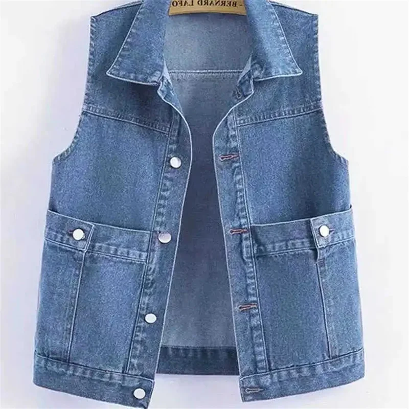 

Korean Style Casual Denim Vest Women's Waistcoat Short Blue Jeans Vest Coat 2025 Spring Autumn New Sleeveless Denim Jacket Tos