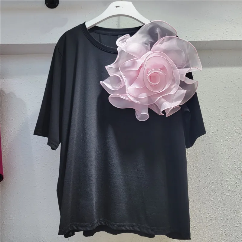 

2024 Summer Loose T-shirt Women's High Sense Personalized Three-Dimensional Flower Round Neck Short Sleeve Top Tshirt Tee