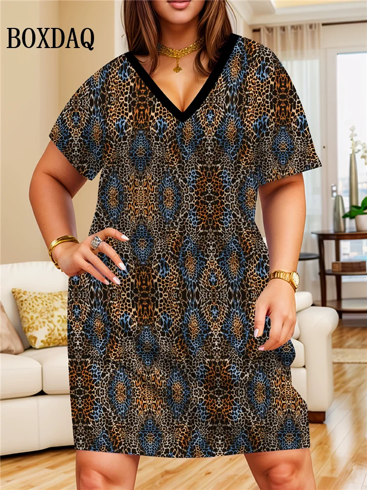 Women's Casual Fashion Loose Plus Size Dress V Neck Women Vintage Short Sleeve Flower Print Midi Dress Summer Clothing Big Sizes