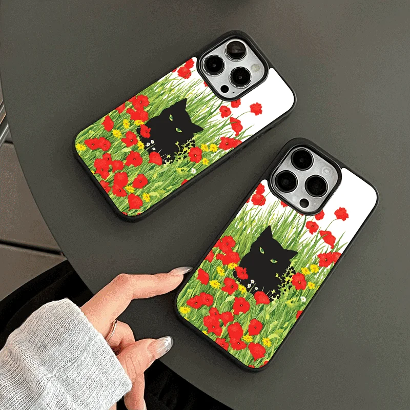 Custodia morbida per telefono con bordo nero fiore gatto nero per IPhone 15 14 13 12 11 Pro Max XR XS X 7 8 custodia morbida antiurto morbida Fundas