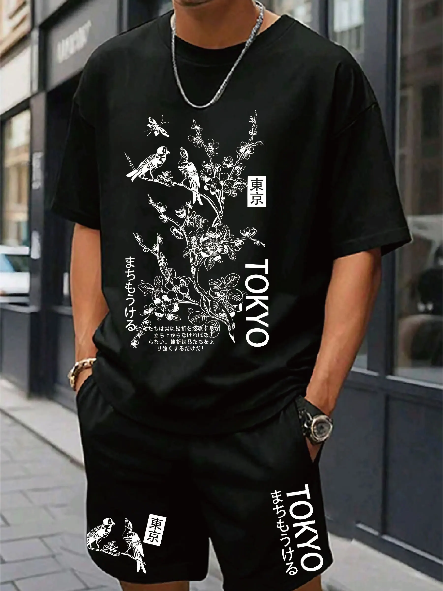 

Simple short-sleeved black floral text printed T-shirt daily casual