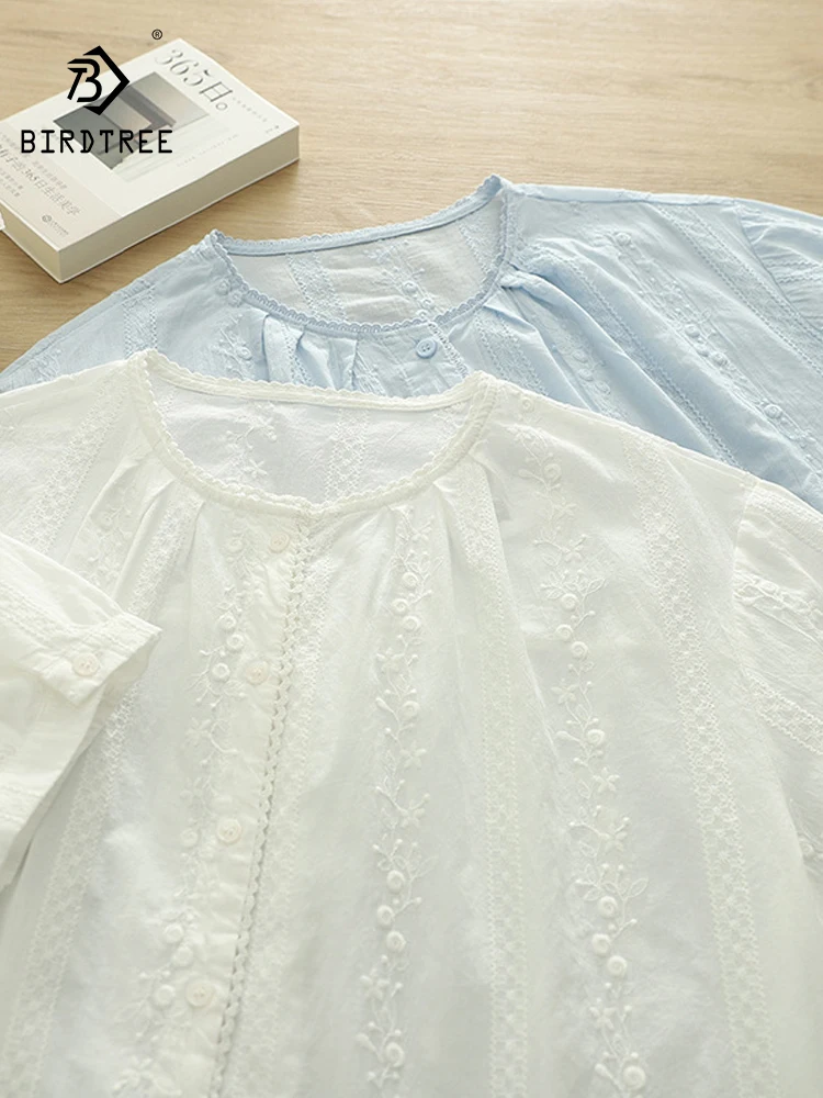 

New 2025 Summer Cotton Short Sleeve Shirt, Women O Neck Embroidery, Mori Girl Preppy Style Sweet Commute Loose Blouse T56487CC