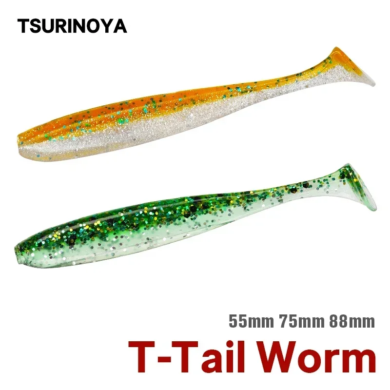 TSURINOYA Fishing Lure T -Tail Soft Bait 55mm 65mm 75mm 88mm Artificial Bait Worm Bait Add Salt Fish Attractant Bass Pike Lures