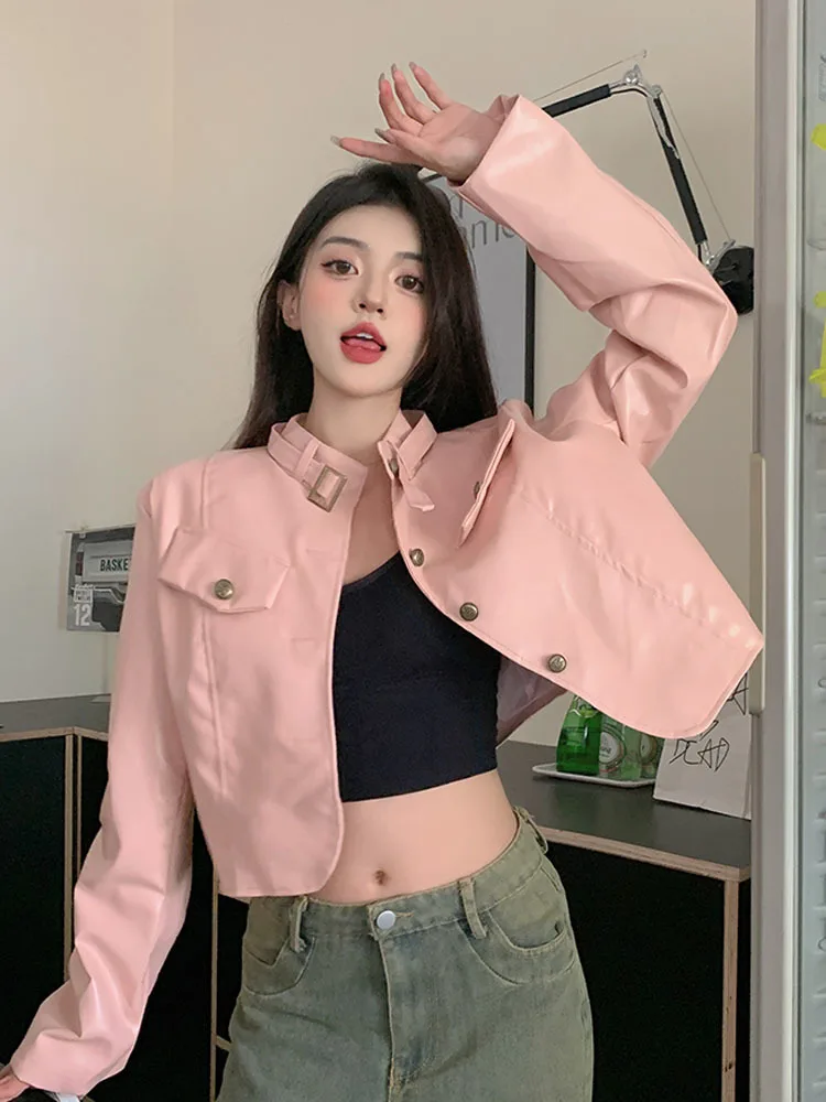 Spring 90s Vintage Long Sleeves Leather Cropped Jacket for Women Coat Solid Pink Windbreaker Korean Fashion Y2k Autumn Outer