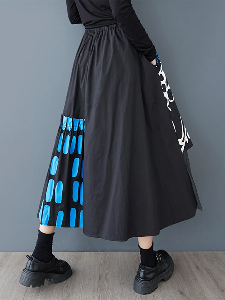 Fashion Print Splice Mesh Black High Waist Skirts For Women Spring Summer New Plus Size Loose Casual Irregular Long Skirt 2026