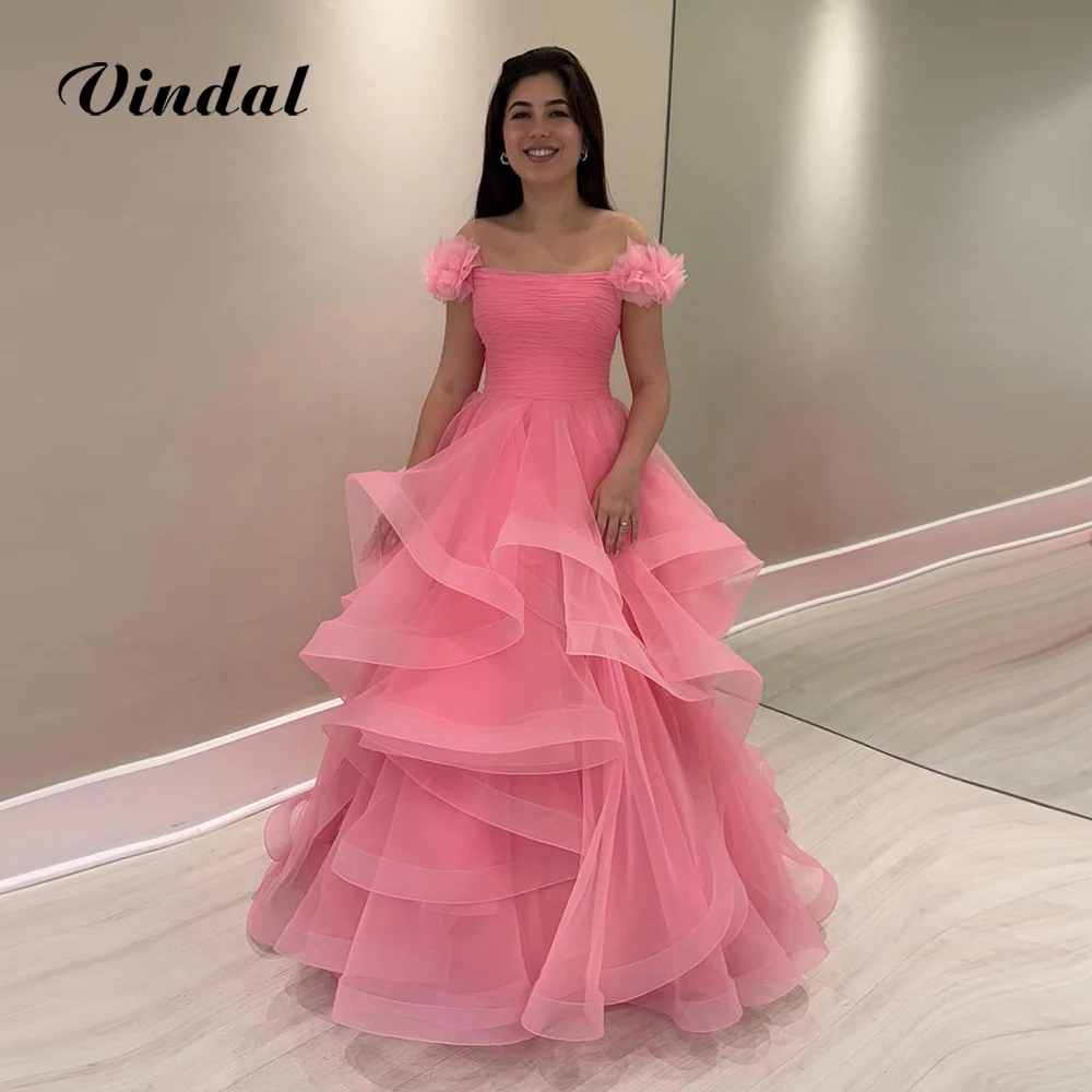 Vindal طويل الكشكشة فساتين لحضور الحفلات الموسيقية مطوي تول خارج الكتف الوردي المرأة مساء فستان فاخر رسمي خاص حفلة ثوب مخصص
