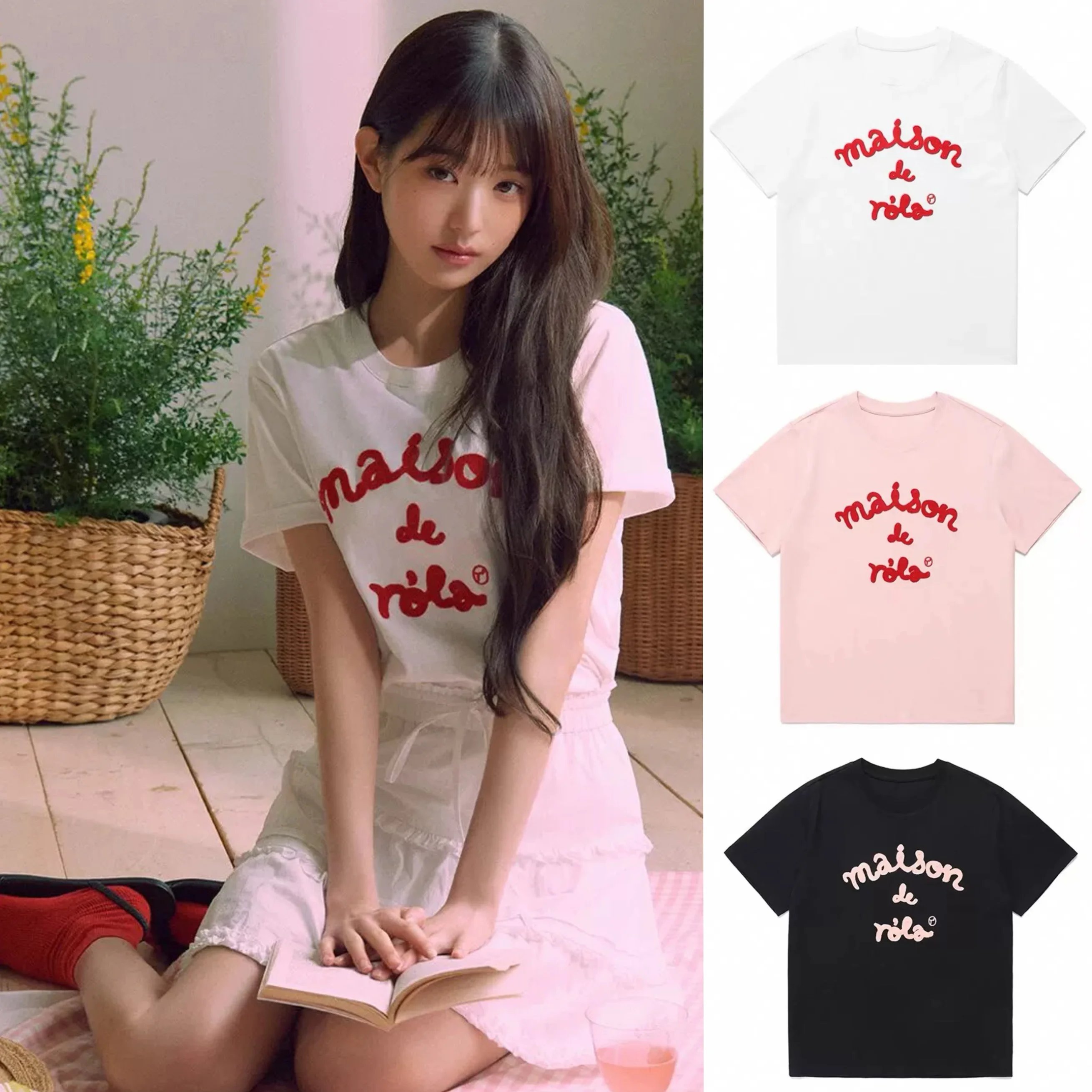 เสื้อยืดลำลองผ้าฝ้ายหรือเสื้อยืดผู้หญิงทรงกลมปักตัวอักษรพิมพ์ลายสร้างสรรค์หลวมพอดีฤดูร้อนด้านบนโดยแบรนด์ที่ไม่ทราบ