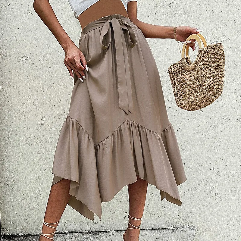 Coffee Colored Fashionable Women's Irregular Lace Up Splicing Long Solid Color Casual Skirt Versatile 2024 New Product Ladies