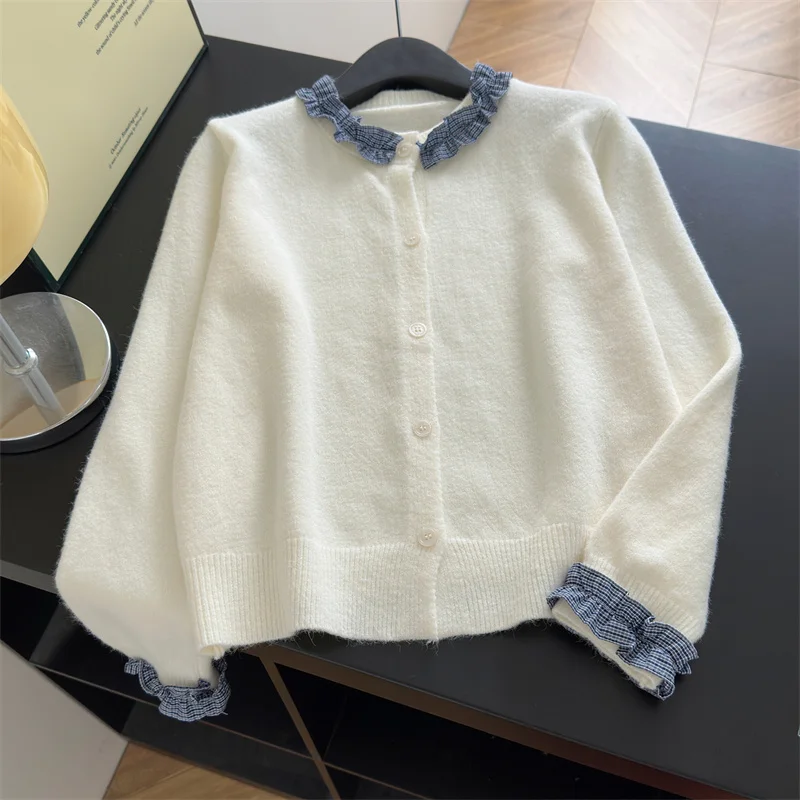 

Harajuku White Knitted Cardigan Women Korean Plaid Patchwork Sweater Outerwears Winter Fashion Red Knitwears Long Sleeve Jumpers