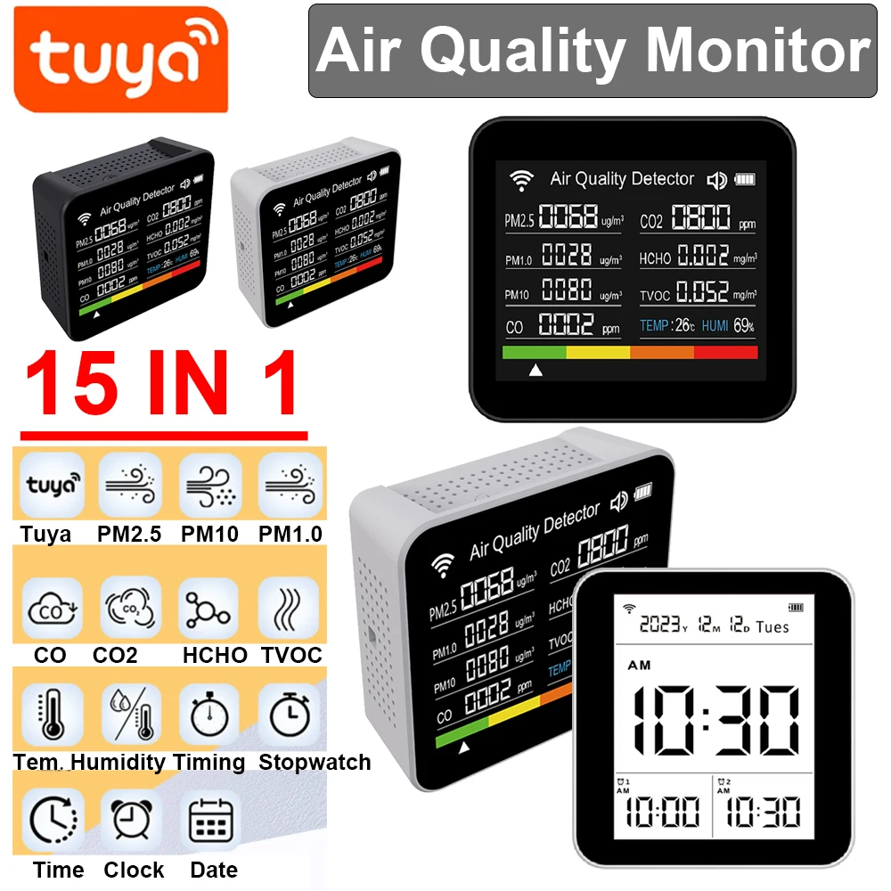 15 In 1 Tuya Air Quality Monitor CO2 Meter Carbon Dioxide Detector Time TVOC HCHO PM2.5 PM1.0 PM10 Temperature Humidity Tester