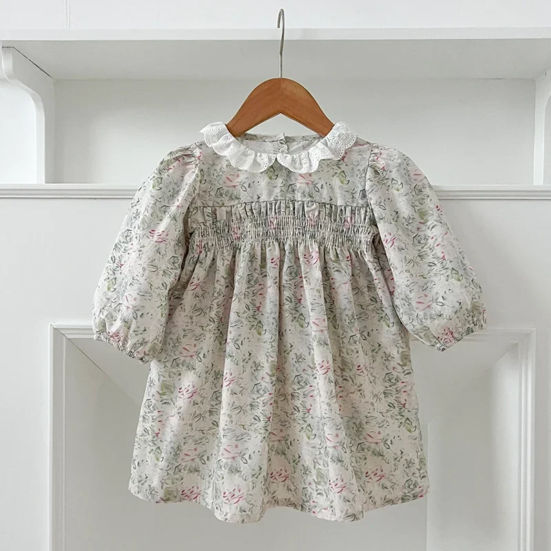 1-7Yrs Kids Dresses Floral Girls Dress Spring Long Sleeve Kids Lace Dress Cotton Princess Dress Autumn Toddler Girls Clothing