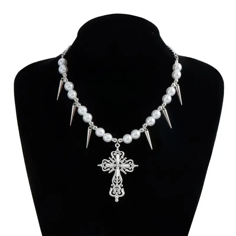 مبالغ فيها الشرير Y2K برشام اللؤلؤ الصليب قلادة قلادة غير النظامية الهيب هوب الرجال والنساء المختنق قلادة خاتم هدايا مجوهرات أنيقة