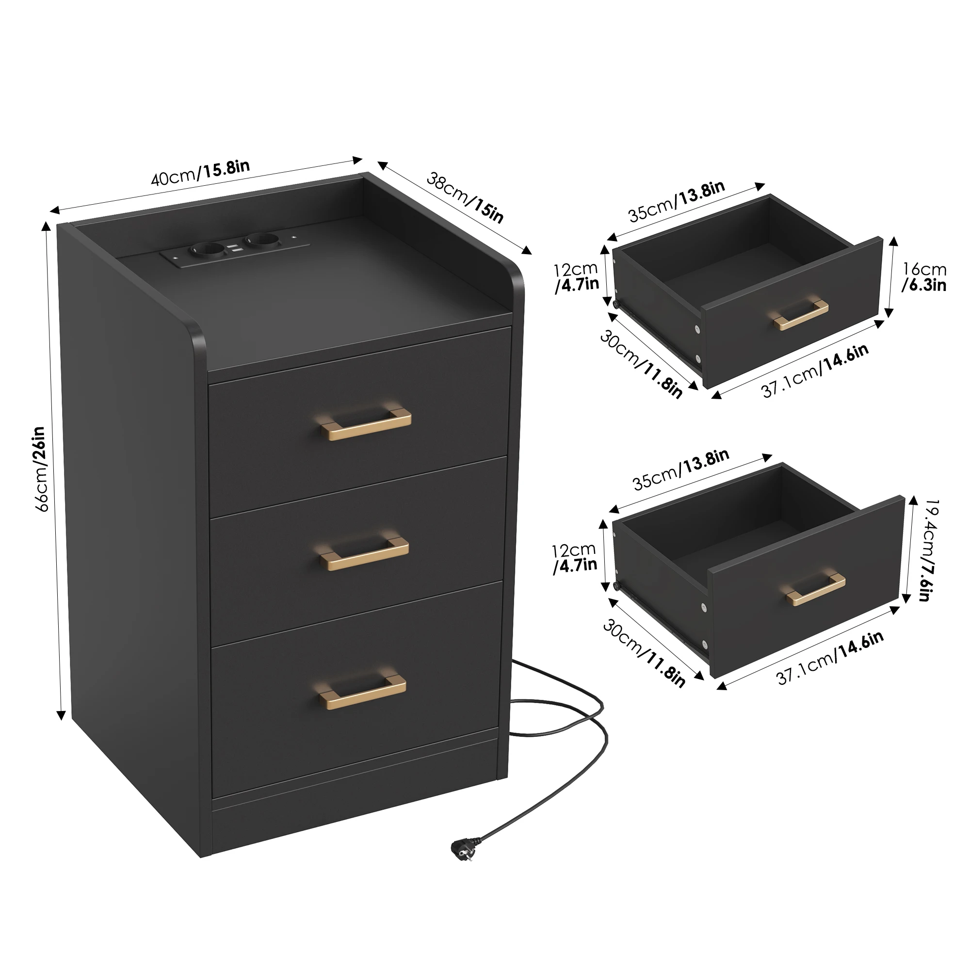 طاولة بجانب السرير من Getone مع قاعدة شحن، طاولة جانبية مع 3 أدراج، منضدة، 2 منفذ تيار متردد، 2 USB أبيض/أسود #4