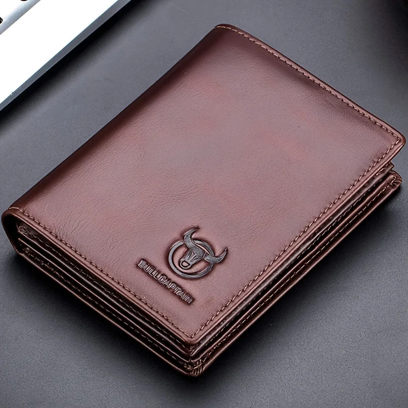 First-Layer Cowhide Men's Short Vertical Anti-Theft Wallet, Genuine Leather Multi-Card Slot Wallet, First-Layer Cowhide Photo Album Wallet with Extra Padding and Thickness