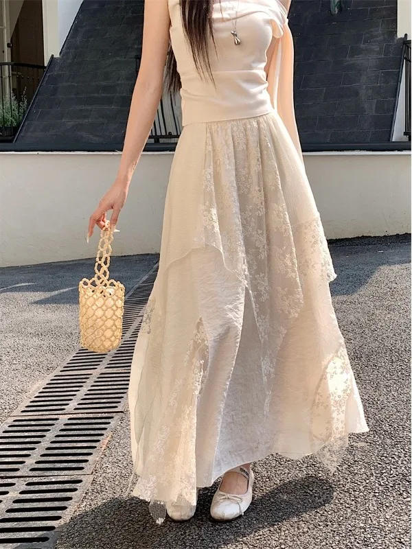 

plus Size Women's Gentle Sle Apricot Heavy Embroidery High Waist Lace Trim Midi Skirt Summer New Korean Sle Loose Fit A-L...