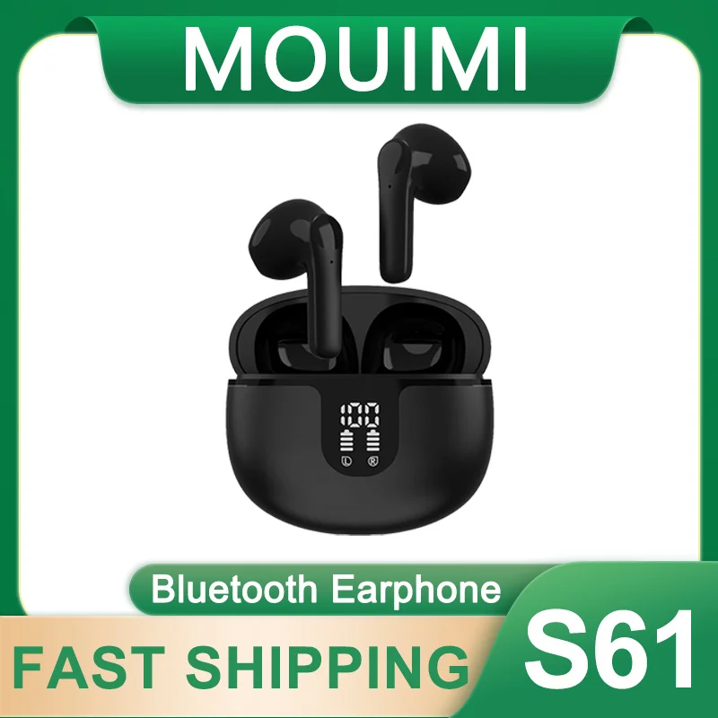 Écouteurs semi intra-auriculaires S61 sans fil Bluetooth 5.3 pour jeux et musique, casques audio sportifs d'extérieur avec affichage numérique LCD 320 mAh