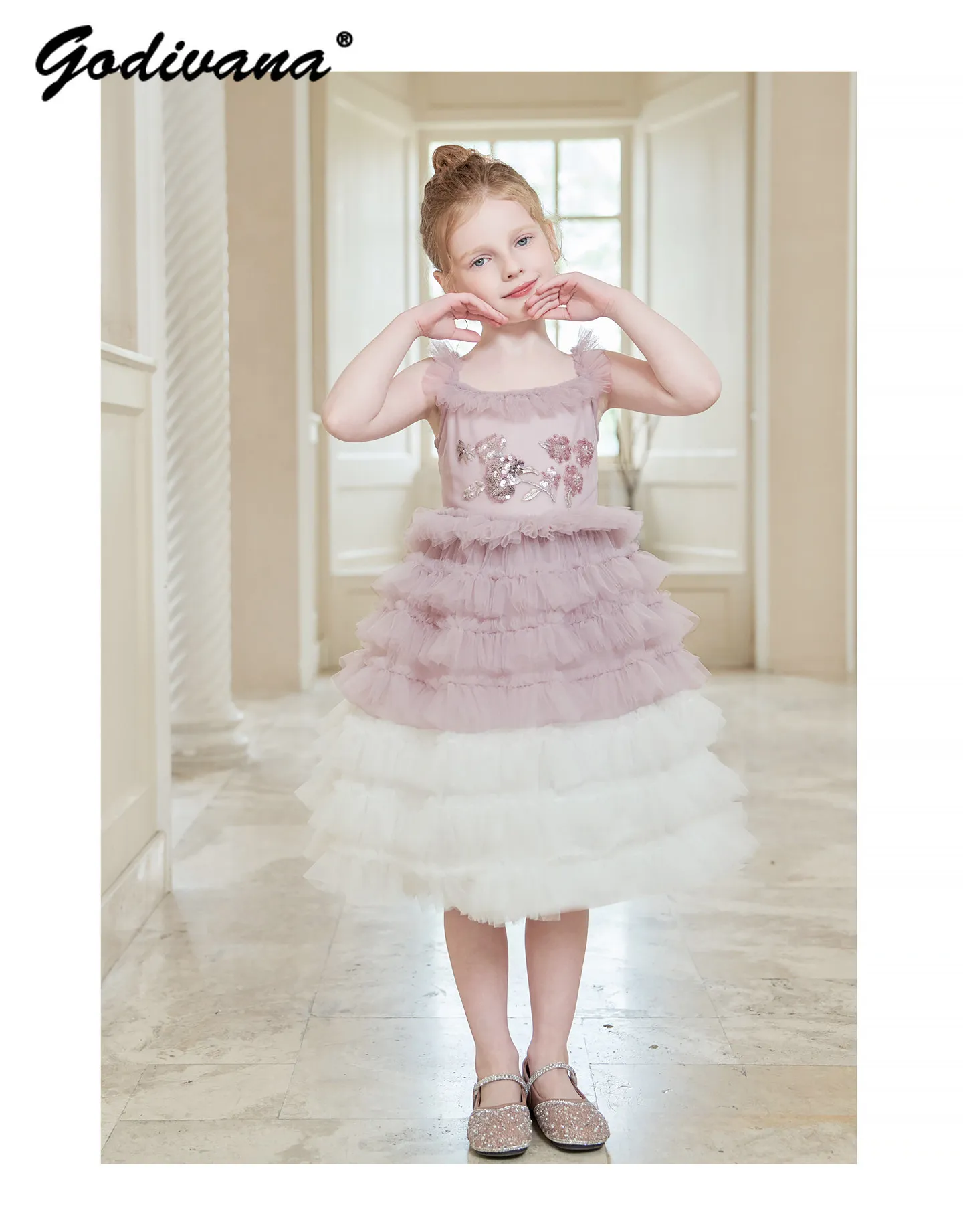 

Cute Sweet Baby Girls 2026 Summer New Sleeveless Tulle Princess Dress Kids Heavy Sequin Floral Fashion Tutu Birthday Cake Dress