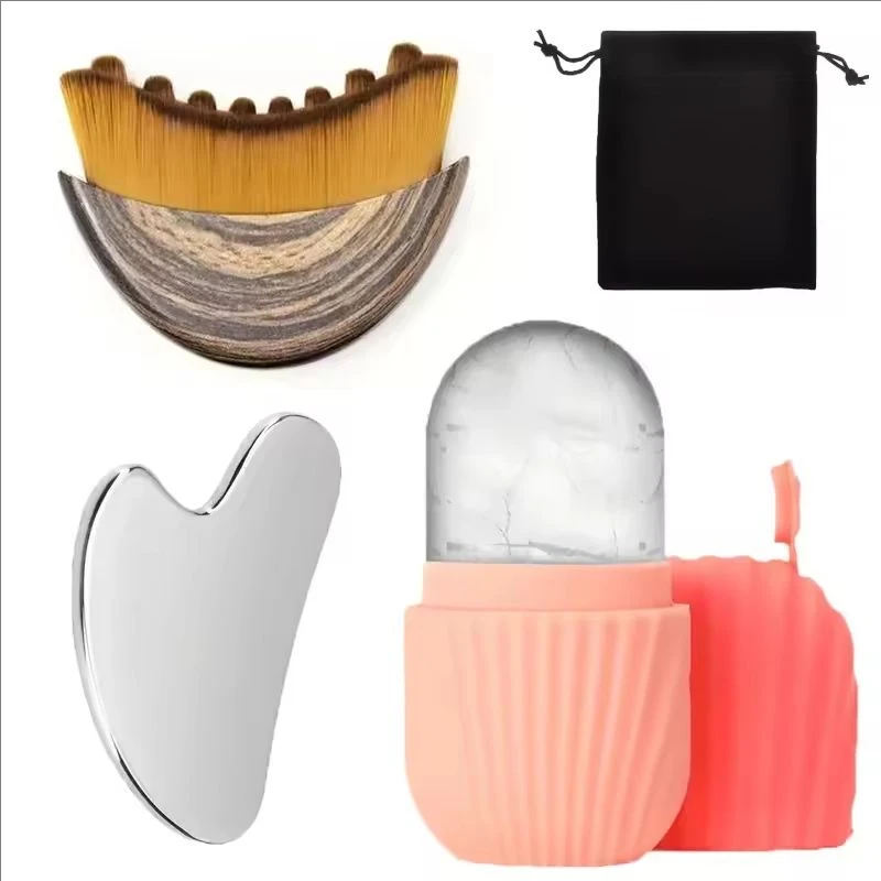 Kit de Massagem Facial com Rolo de Gelo em Aço Inoxidável, Placa Gua Sha e Escova para Drenagem Linfática - Ferramentas de Cuidados com a Pele 4/1 Peças