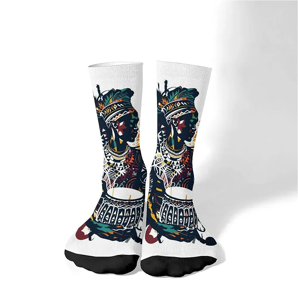 

African tribal women Art printed men's fashion socks Fun crew socks, Harajuku retro style, soft and comfortable sports casual.
