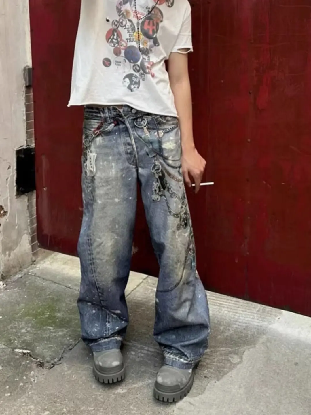 Jeans retrô graffiti para homens e mulheres, estilo americano, rua alta, in s harajuku, hip-hop gótico, calças largas de perna, calças largas vintage