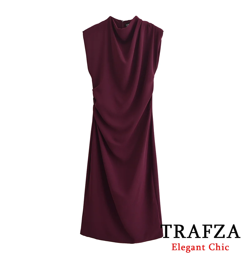 TRAFZA 우아한 와인 레드 드레스 여성 민소매 롱 드레스 새로운 2025 패션 저녁 날짜 크리스마스 파티 드레스 가운