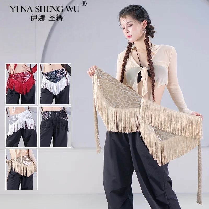 Vrouwen Buikdans Kleding Lange Fringe Onregelmatige Visnet Shimmy Riem Latin Jazz ChaCha Luipaard Print Hippe Sjaal Tie Wraps