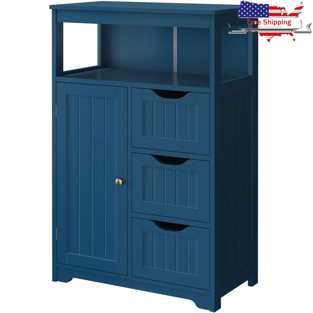 

Wood Bathroom Storage Cabinet Freestanding Organizer with Open Shelves Multiple Tiers 3 Drawers Adjustable Shelves Home Storage