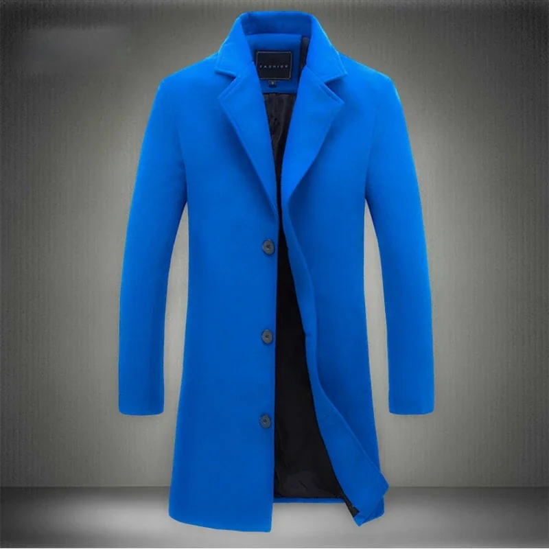 2024 Autumn Winter New Wool Men Long Cotton Coat Blend Pure Color Casual Business Fashion Slim Windbreaker Jacket Men Clothing