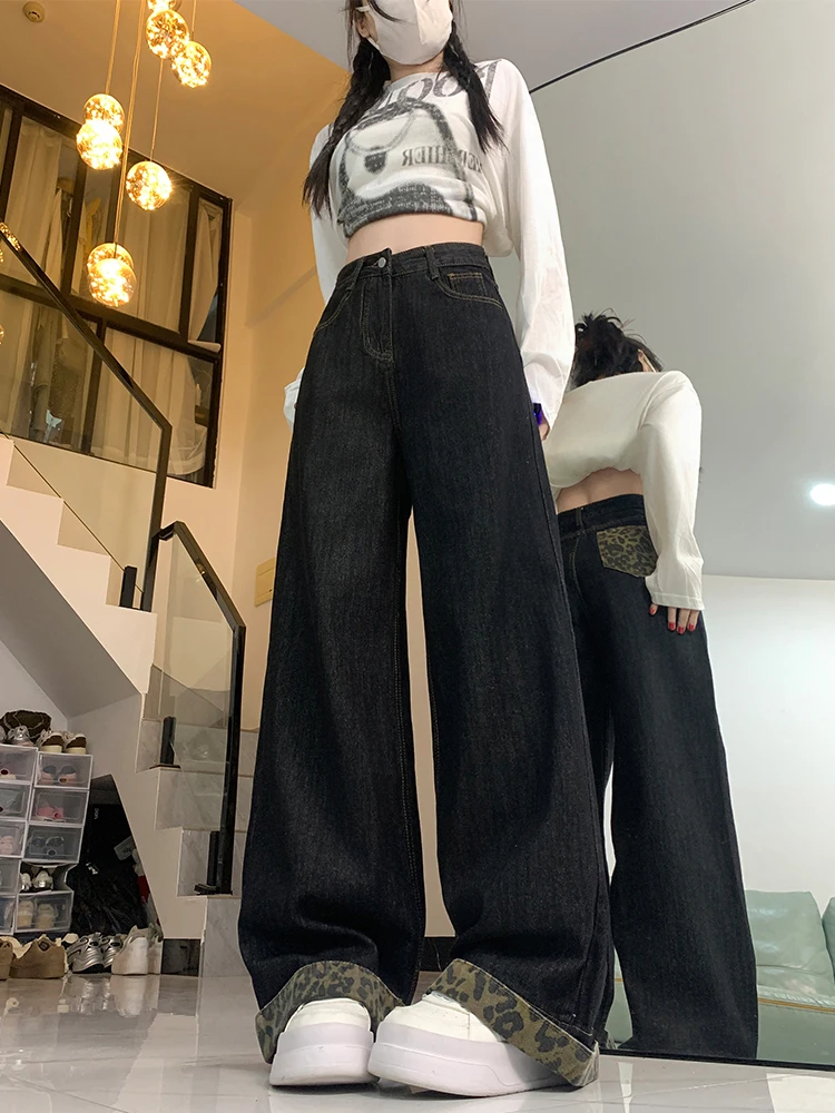 

Широкие джинсовые брюки с высокой талией, женские весенние 2023, свободные длинные брюки, длинные брюки с леопардовым принтом, эффект похудения