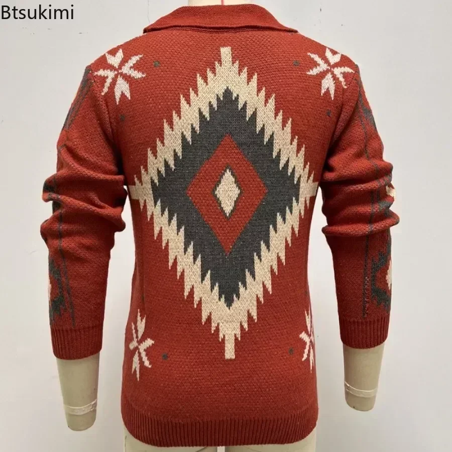 2026 Autumn/Winter Men\'s Sweaters Lapel Retro Jacquard Sweater Coats Man Knitted Cardigan Thicker Warm Sweater for Men\'s Jacket