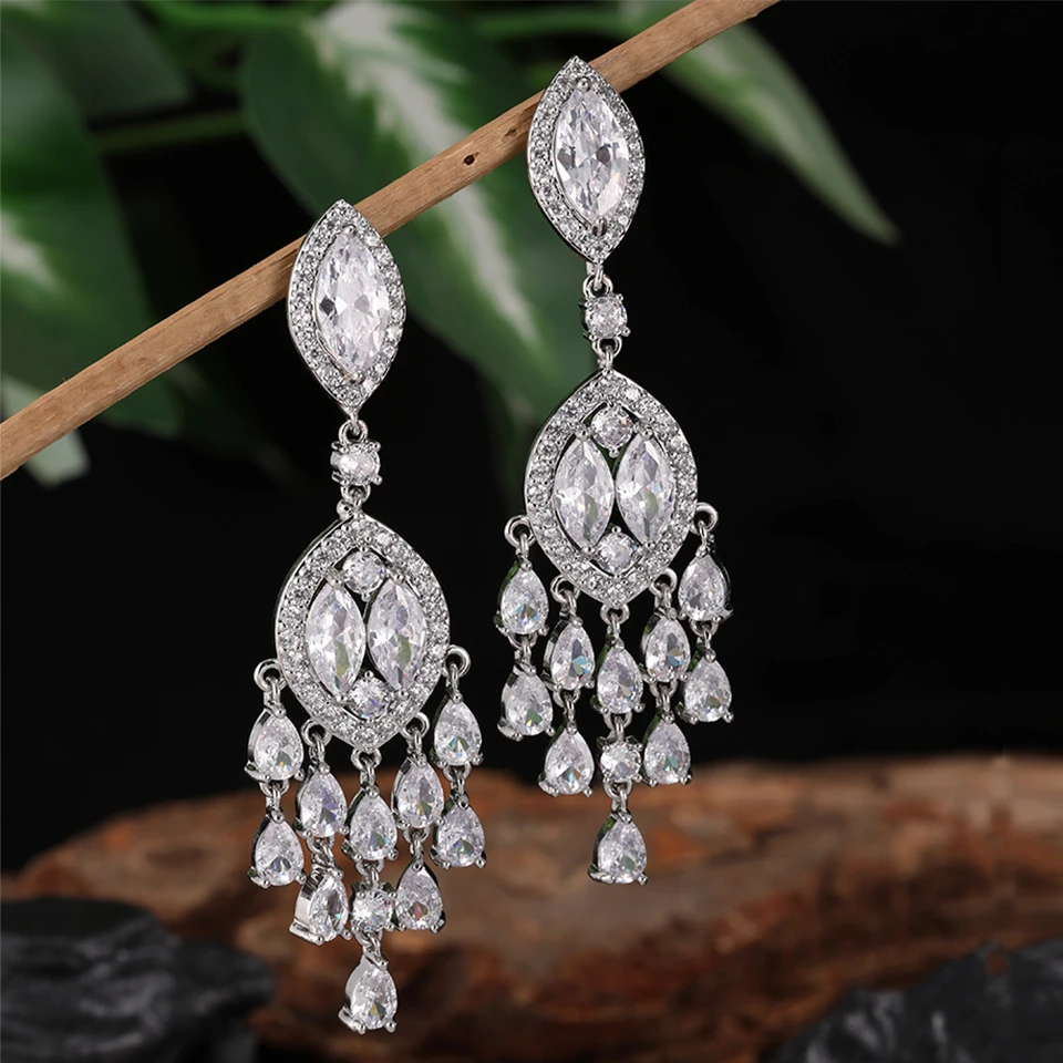 ZAKOL Brand Gorgeous Clear Marquise AAA Cubic Zirconia Chandelier Drop Dangle Earrings Luxury Women's Wedding Banquet Jewelry