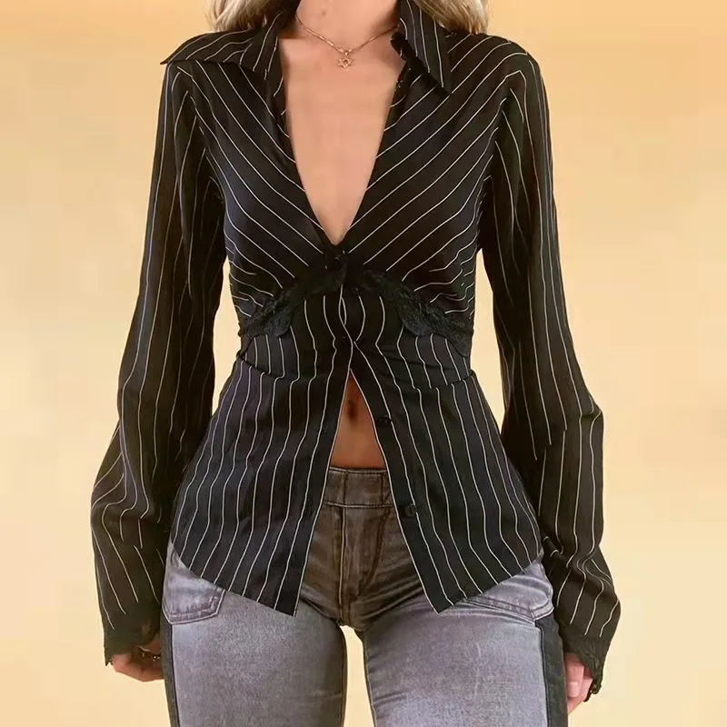 

Spring Autumn Women's Striped Lace Patchwork Shirt Elegant Black Office Long Sleeve Loose Fit Blouse For Women