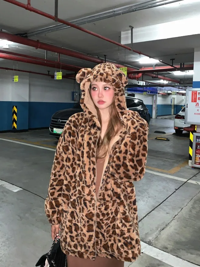 Leopard Print Plush Coat Autumn Winter New Fashion Bear Ears Preppy Style Thick Sweet Cute Cotton Clothing Kawaii Warm Jackets