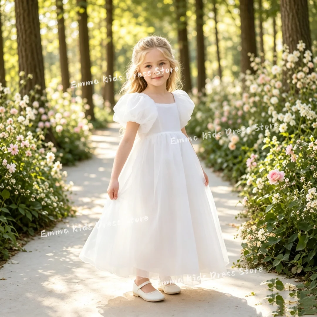 Custom White Flower Girl Dress for First Communion Puff Sleeve Wedding Tulle Princess Gown with Bow Customizable Kids Party Dr
