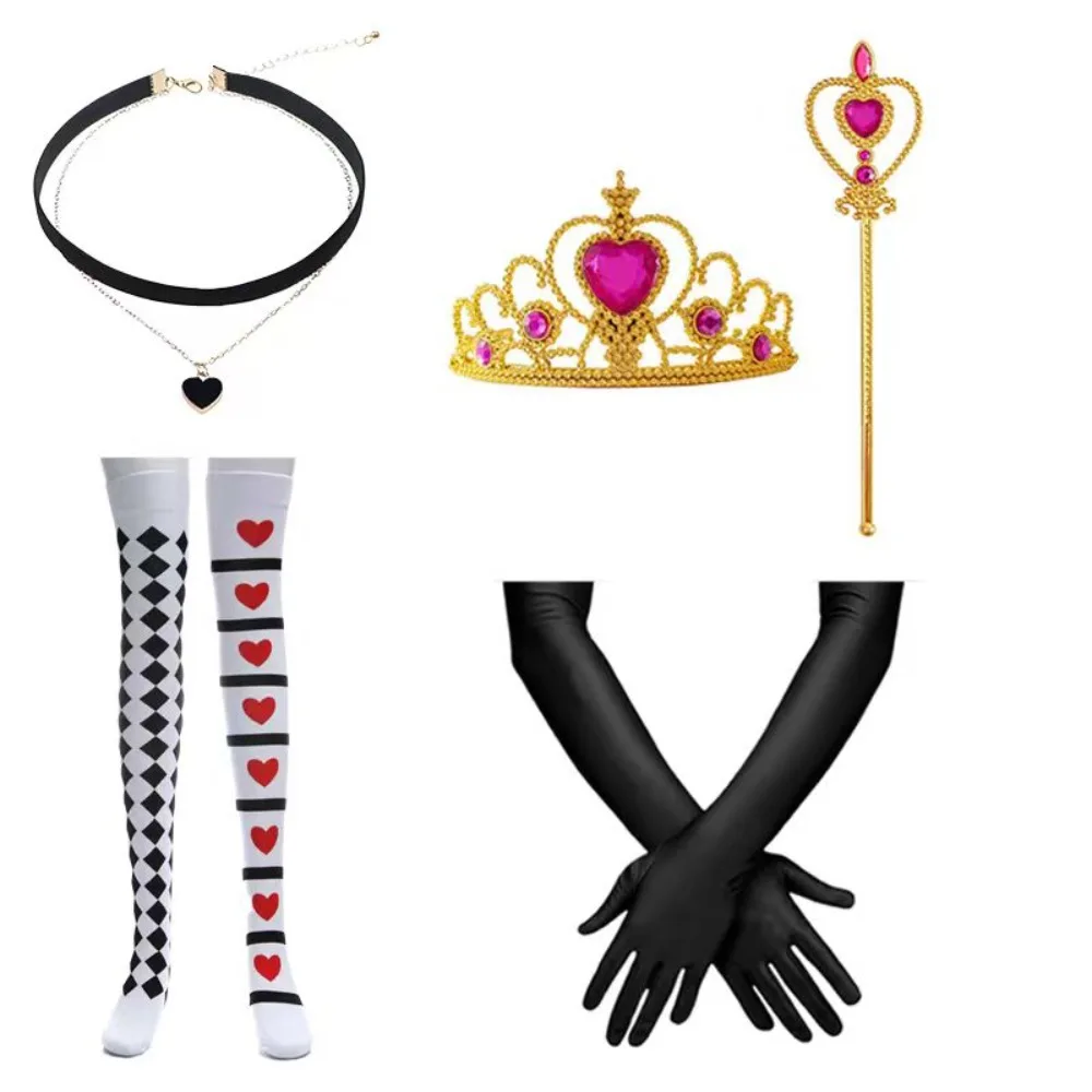 PESENAR ハロウィン クイーン コスチューム ハート アクセサリー セット ハート ストッキング ロング グローブ ルビー クラウン ワンド ネックレス