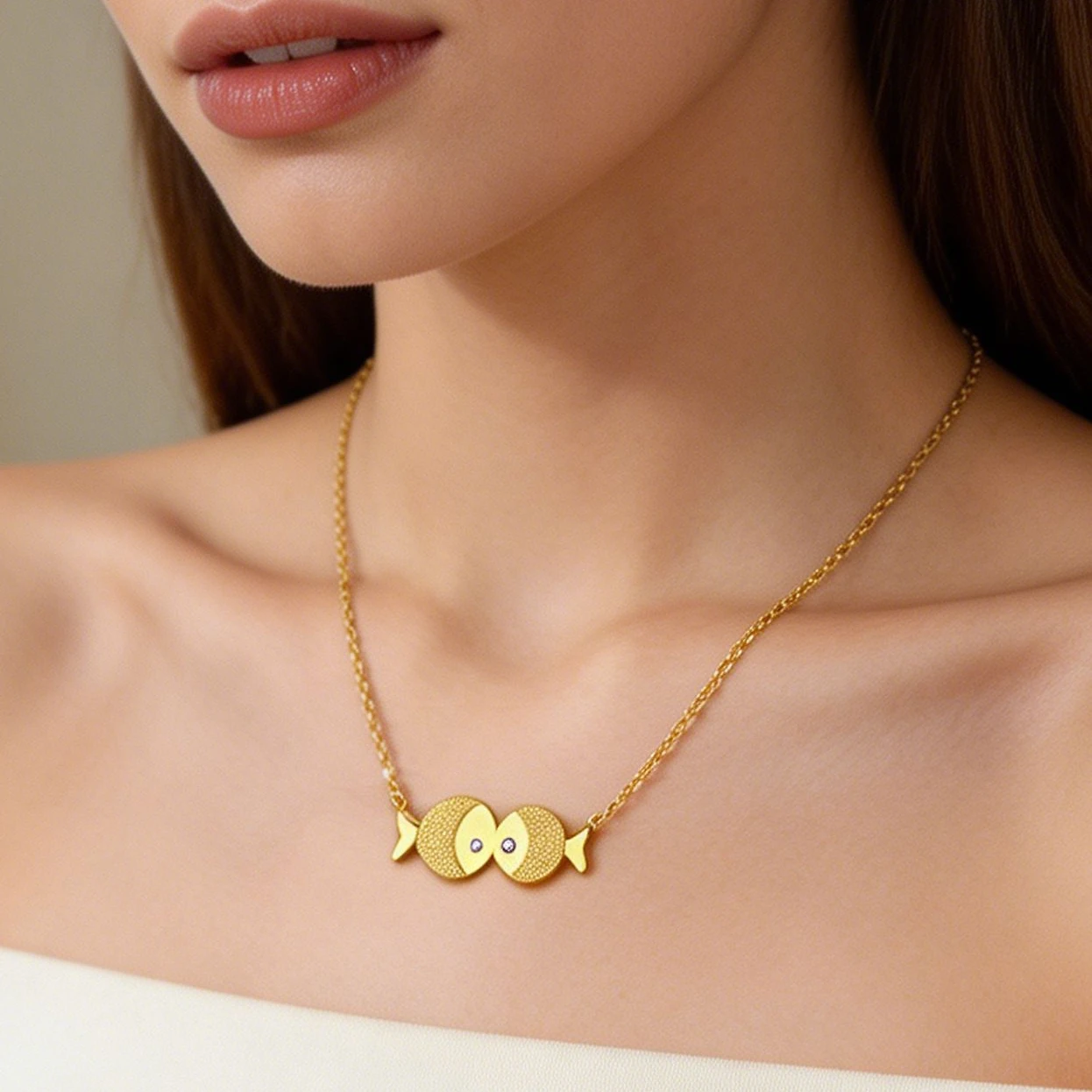 

Dainty Kissing Fish Charm Necklace Women's Elegant Cool Pisces Kiss Pendant Stainless Steel, Awesome Daily Wear Delicate Jewelry