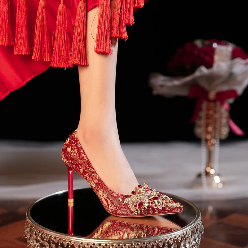 Rhinestone Satin Heel High Heel Wedding Shoes Bride Bridesmaid Shoes Red