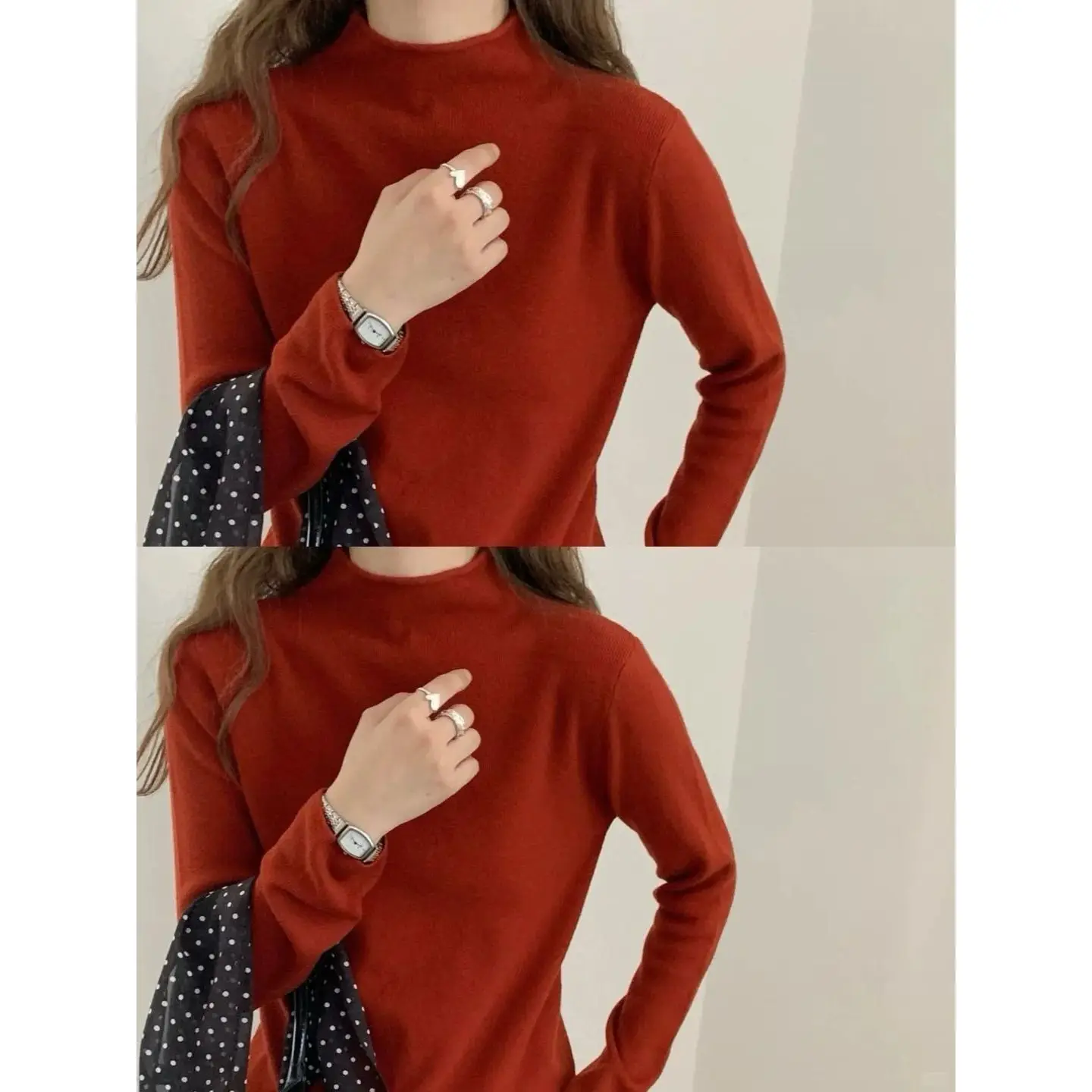 

Elegant Clean Pure Color Long Sleeve Base Shirt Women's Autumn Winter Slim Fit Fashionable Top Commute Style Knitted Sweater
