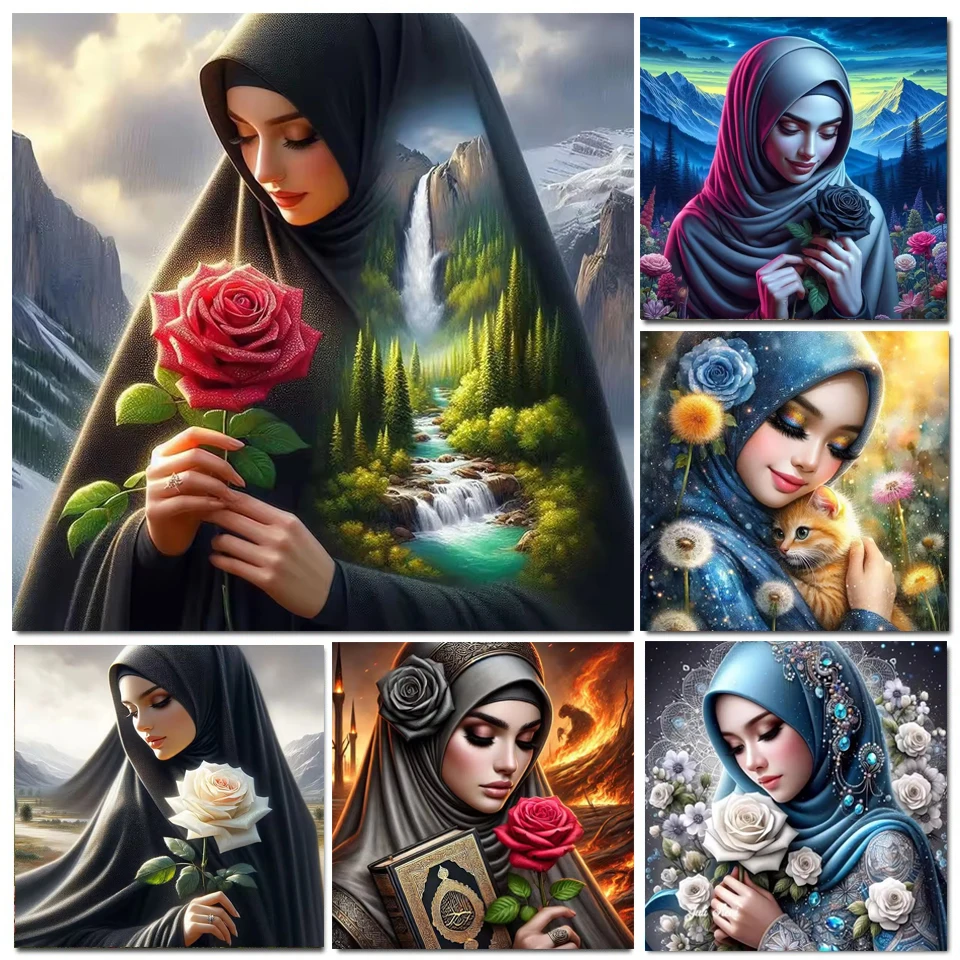 Diy 5d Fantasy Beauty Diamond Painting Art Landscape Headscarf Girl and Rose Full Square Round Drills Mosaic Cross Stitch