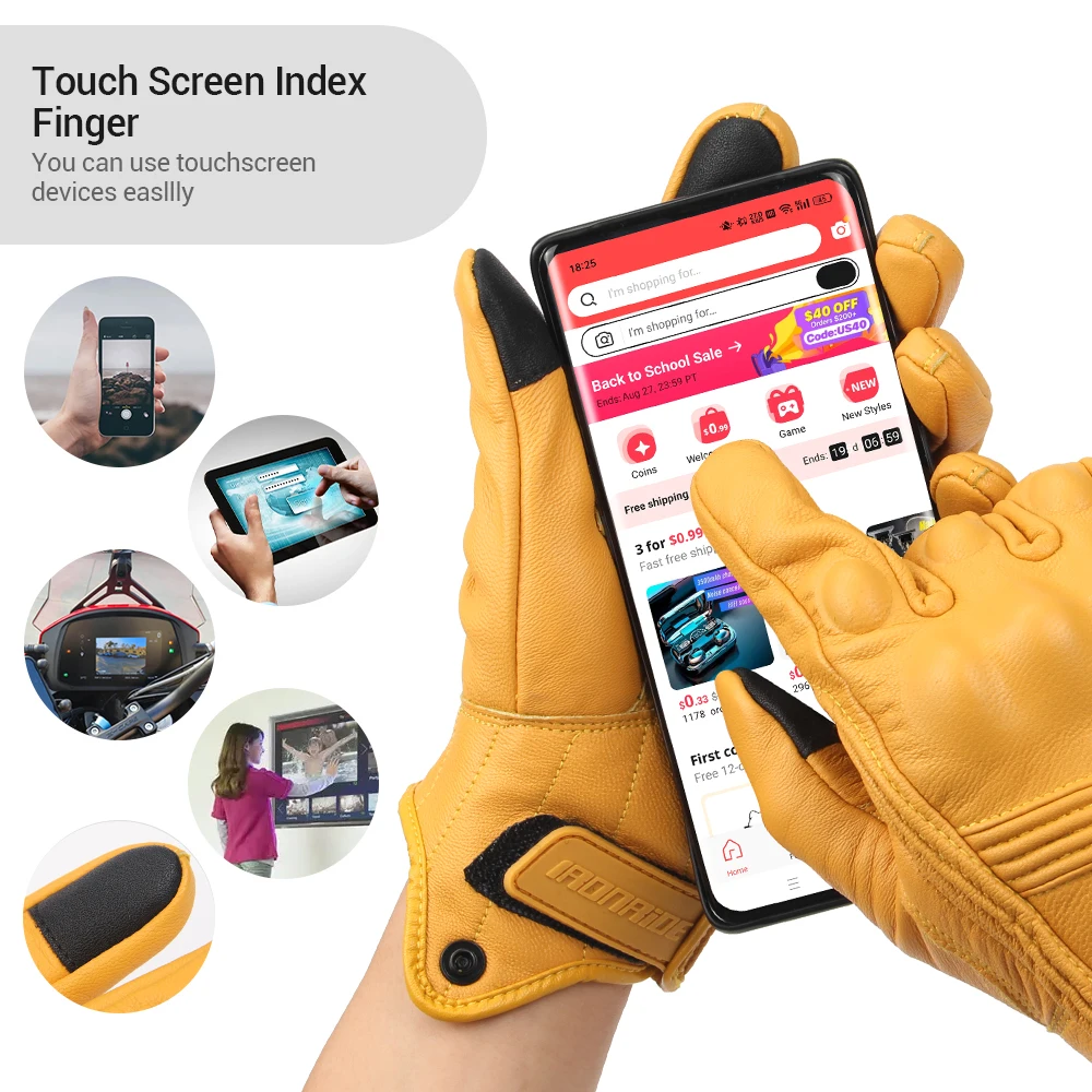 2024 New Motorcycle Gloves Leather With Hole Men Motorbike Riding Gloves Touch Screen Breathable Moto Motocross Anti Fall Black