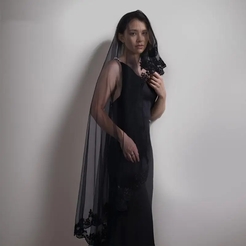 39BD Hochzeit Schleier Kopftuch Spitze Schwarz Schleier Braut Haar Zubehör Schwarz Mantilla – Detail 10