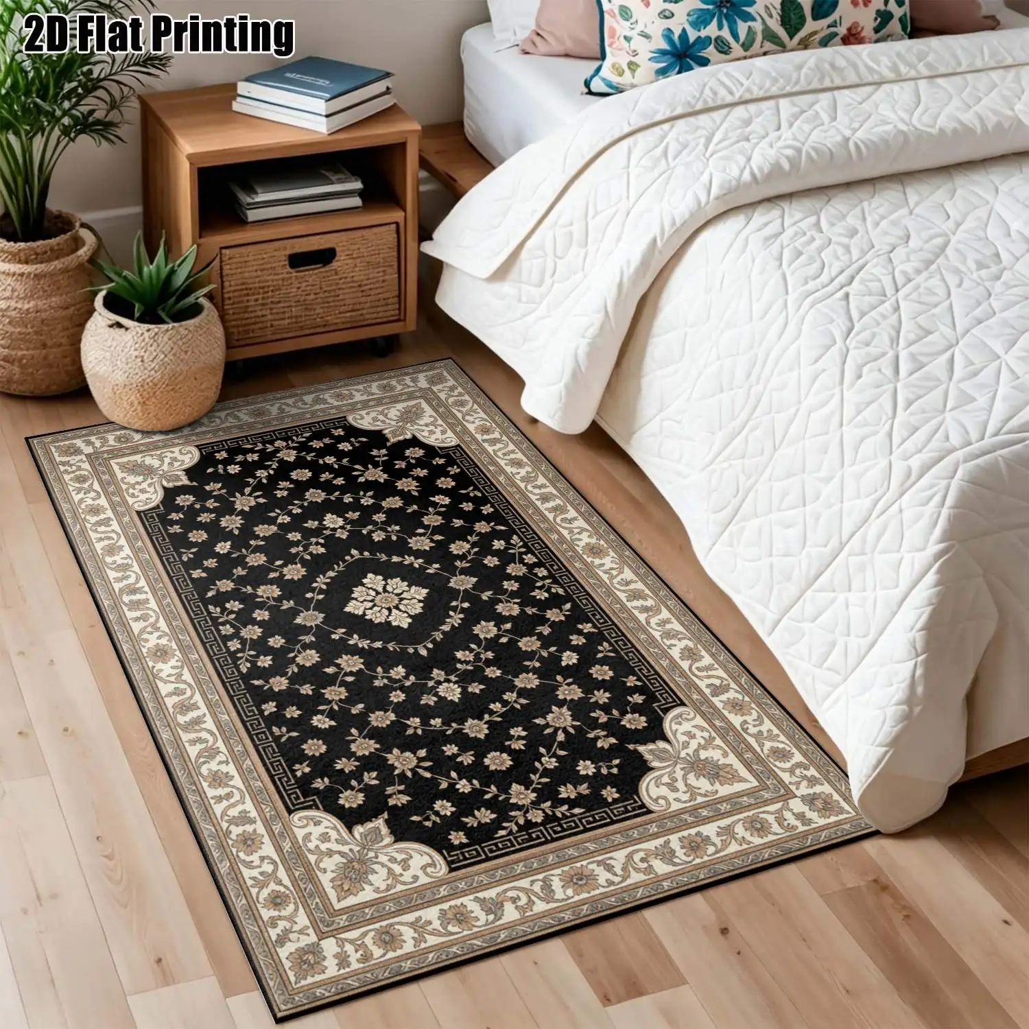 1Pc 2D Printed Carpet: Black Base, White Floral Border, Vintage/European/Geometric Classic Pattern, Multi-Size, Machine Washable, Ideal for Living Room, Bedroom, Dining Room, Entrance, Study, Home Decor