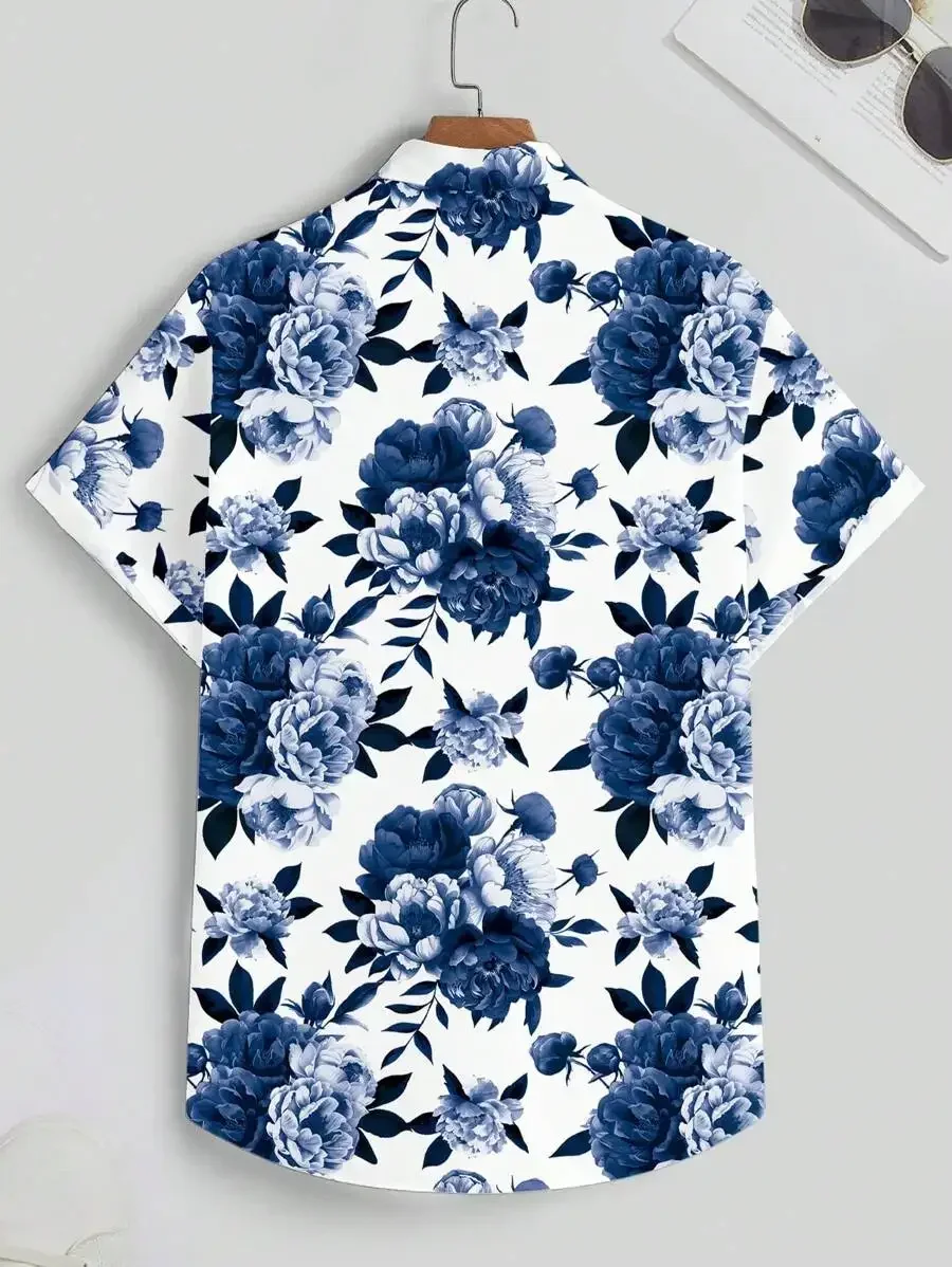 

Men Casual Floral Print Short Sleeve Shirt Hawaiian Style Slim Fit For Summer Outdoor