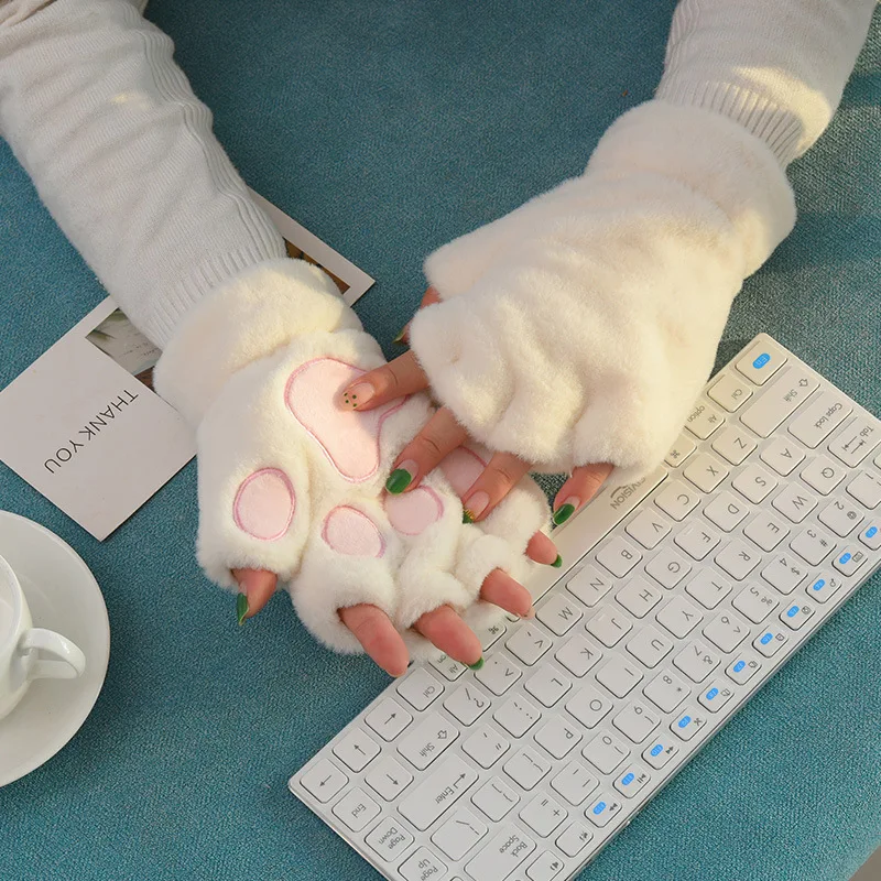 Cartoon Winter Gloves Women's Bear Plush Cat Paw Claw Gloves Cute Short Fingerless Fluffy Bear Claw Mittens For Girls Gift Party